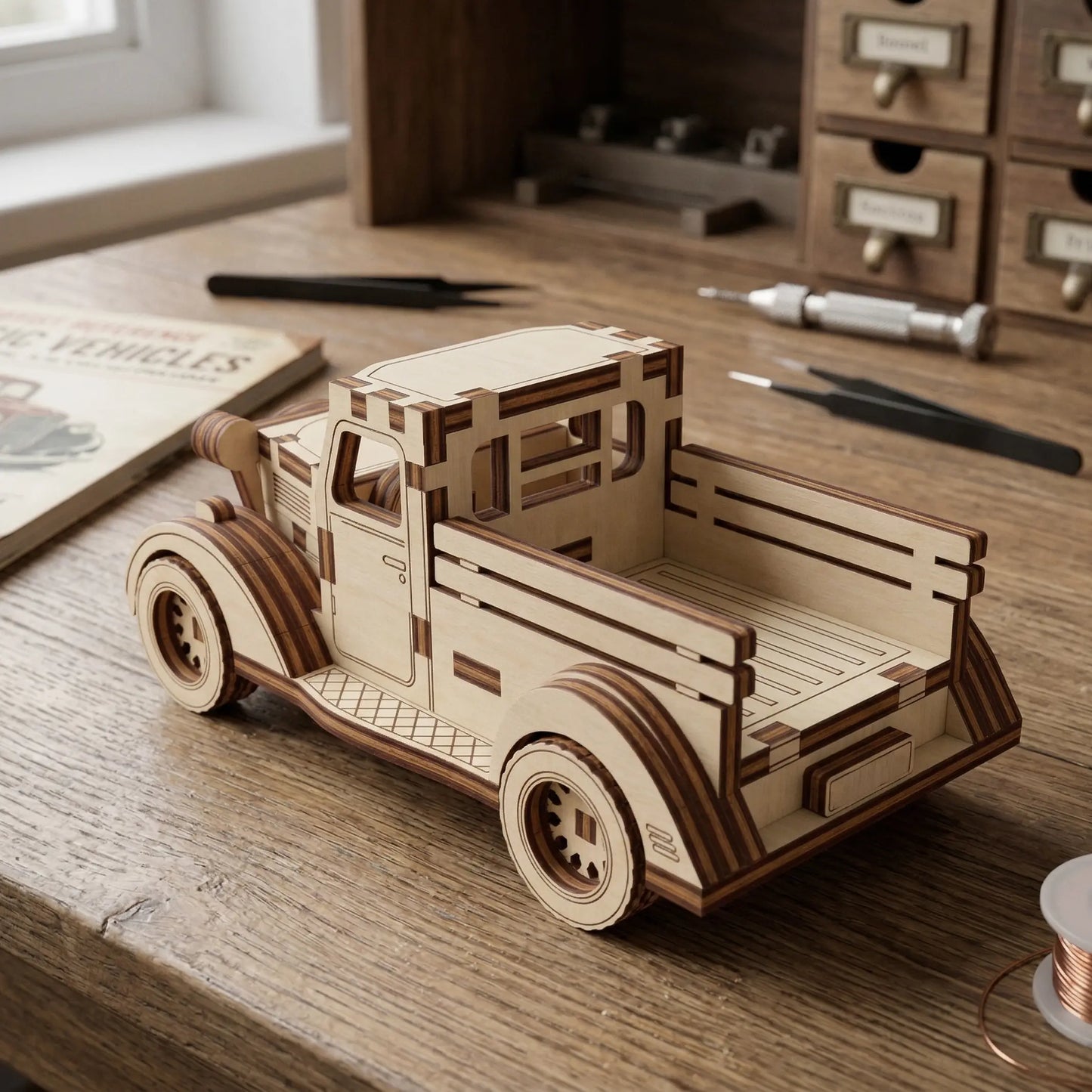 Wooden laser cut model of a vintage truck on a wooden desk with stationery items.