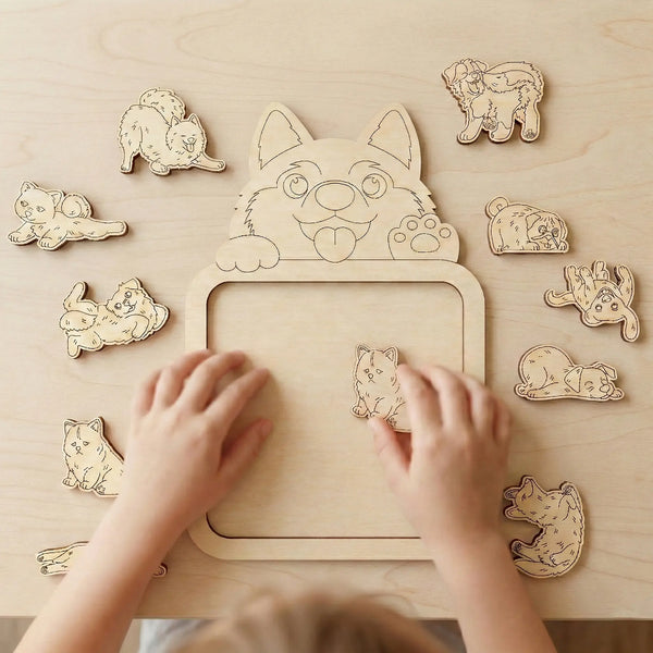 Children's hands arranging wooden animal laser cut file puzzle pieces on a wooden board.