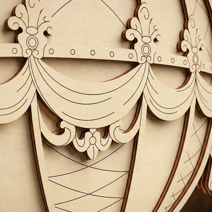 Wooden decorative panel with intricate carvings of drapes and flourishes