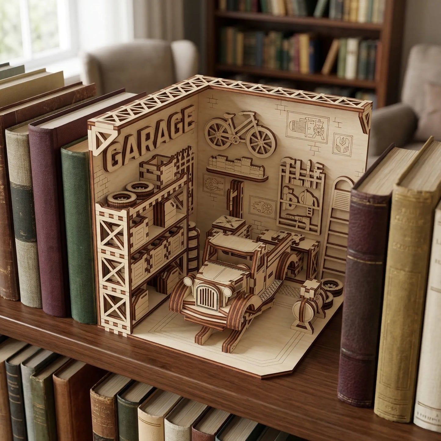 Wooden laser cut model of a garage with truck on a bookshelf