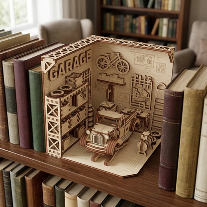 Wooden laser cut model of a garage with truck on a bookshelf