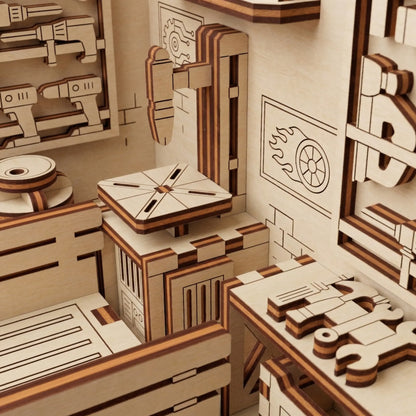 Laser cut Plywood model kit with various mechanical parts and designs.