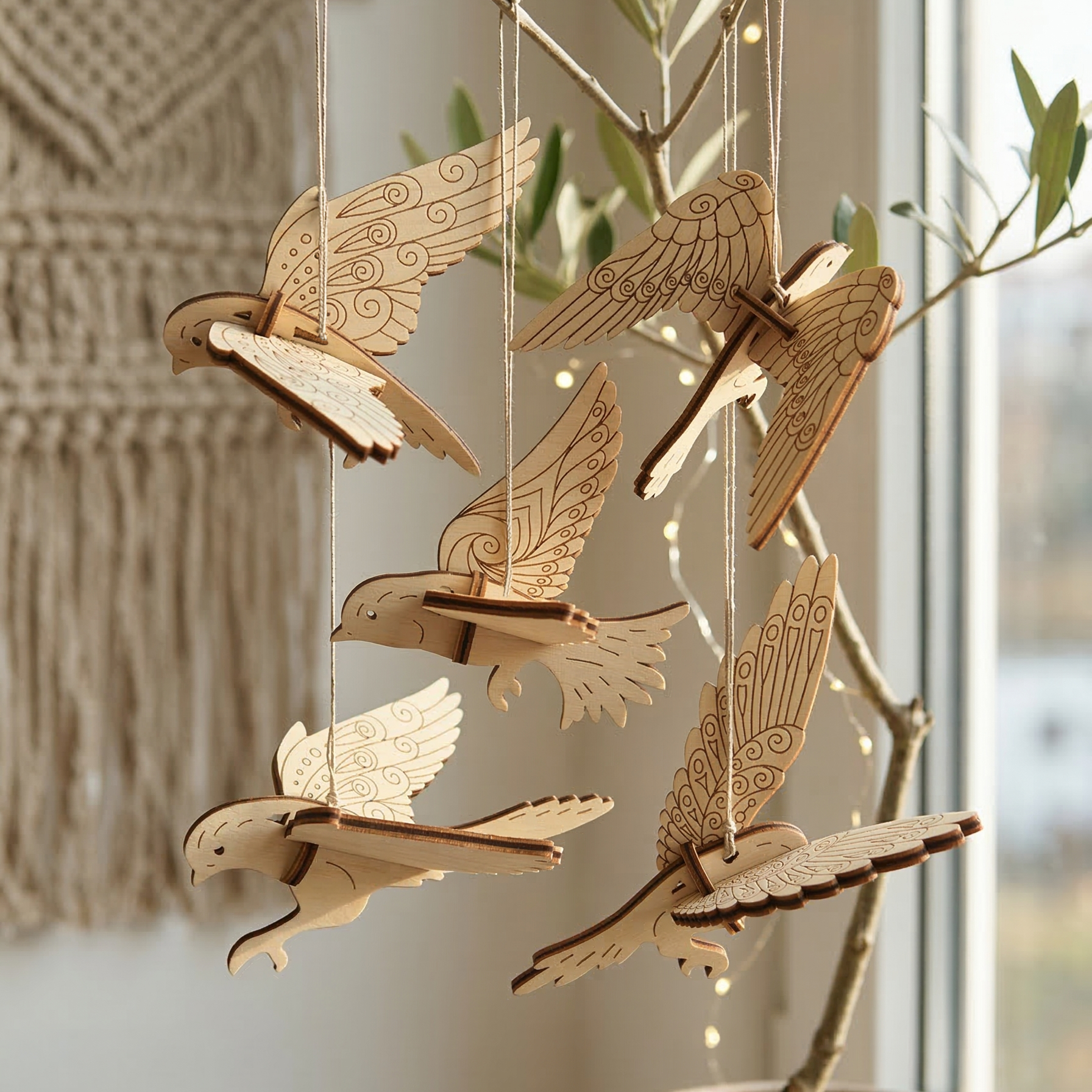 Decorative wooden laser cut birds hanging from a branch indoors