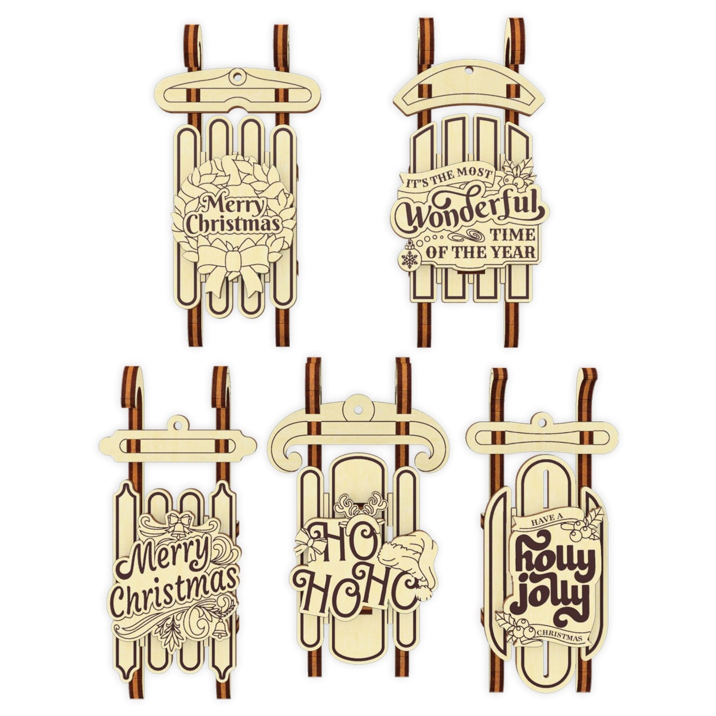 Set of 5 Christmas Sled Ornaments
