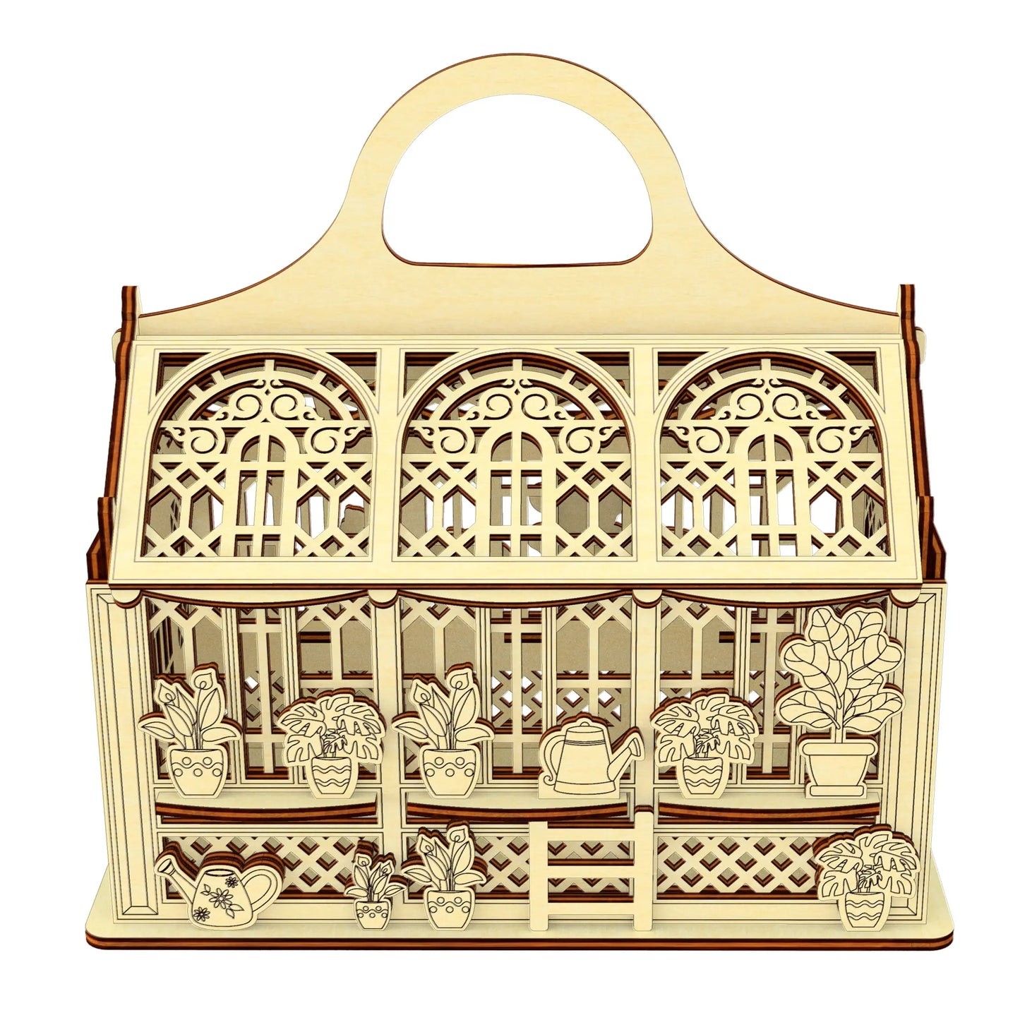 Straight front view 3D rendering of a laser cut plywood greenhouse basket, showing symmetric rows of potted plants.
