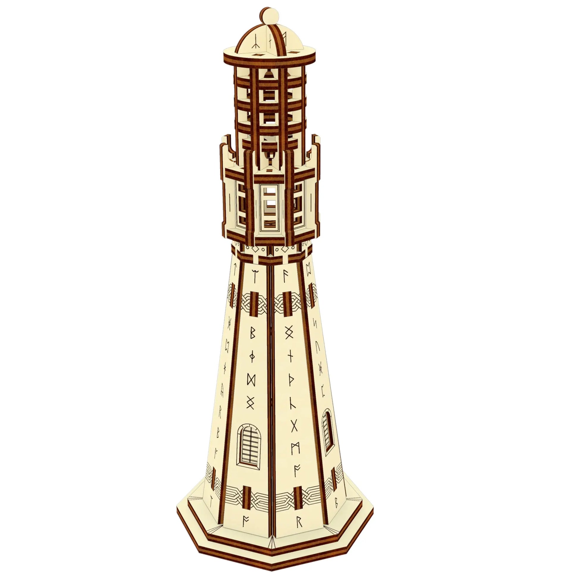 Isometric 3D model render of a miniature Viking lighthouse craft project using detailed laser cut plywood sheets.