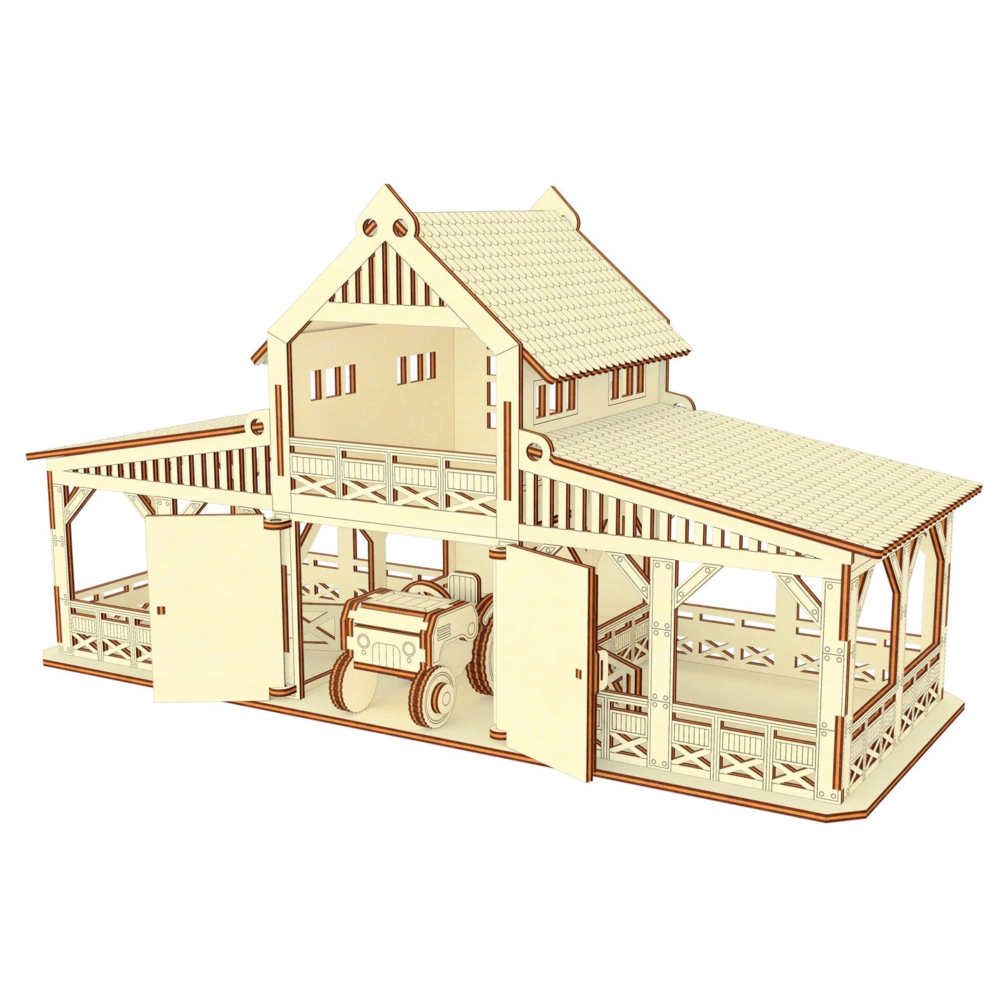 3D digital render of a miniature stable barn house and tractor model container made from laser cut plywood materials.