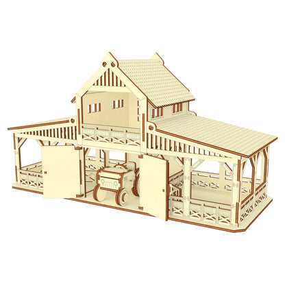 3D digital render of a miniature stable barn house and tractor model container made from laser cut plywood materials.