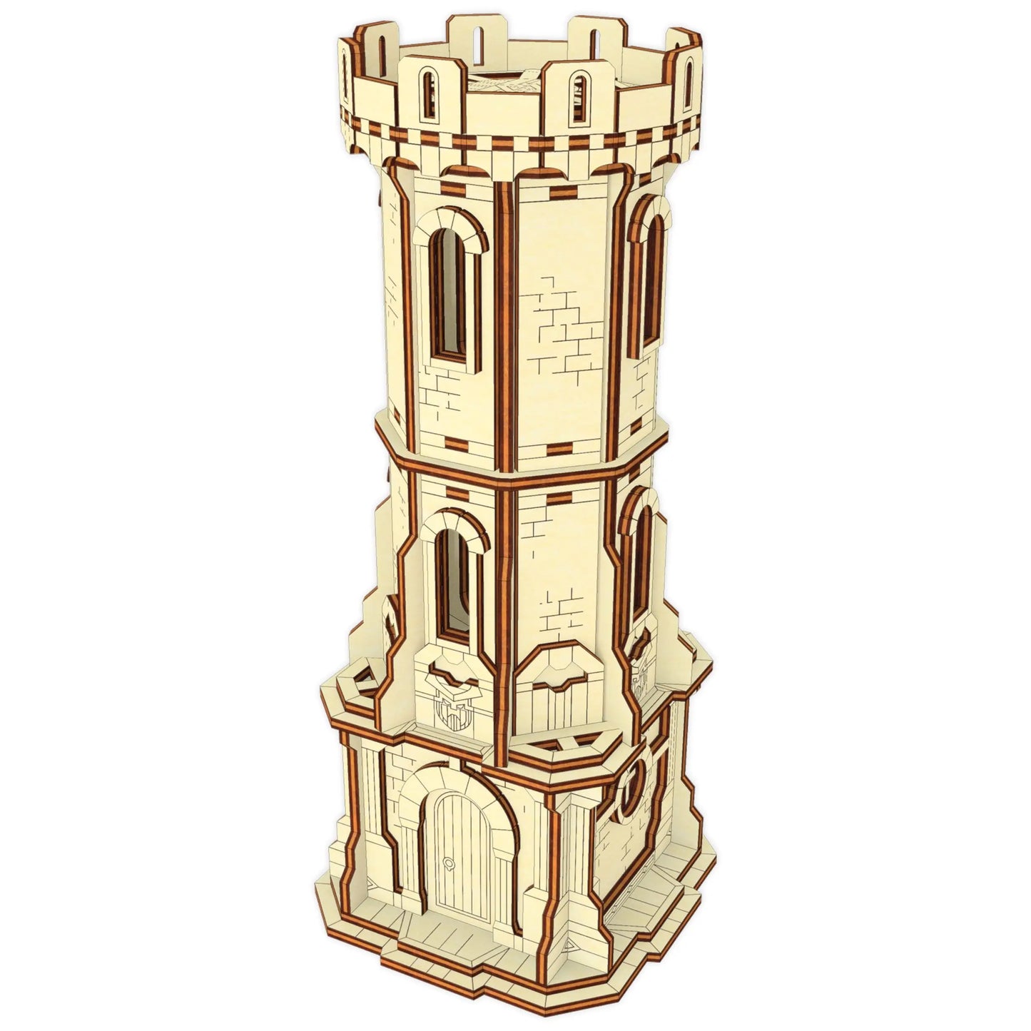 A beautiful detailed 3D render of a miniature medieval castle watchtower model on white background, in laser cut plywood