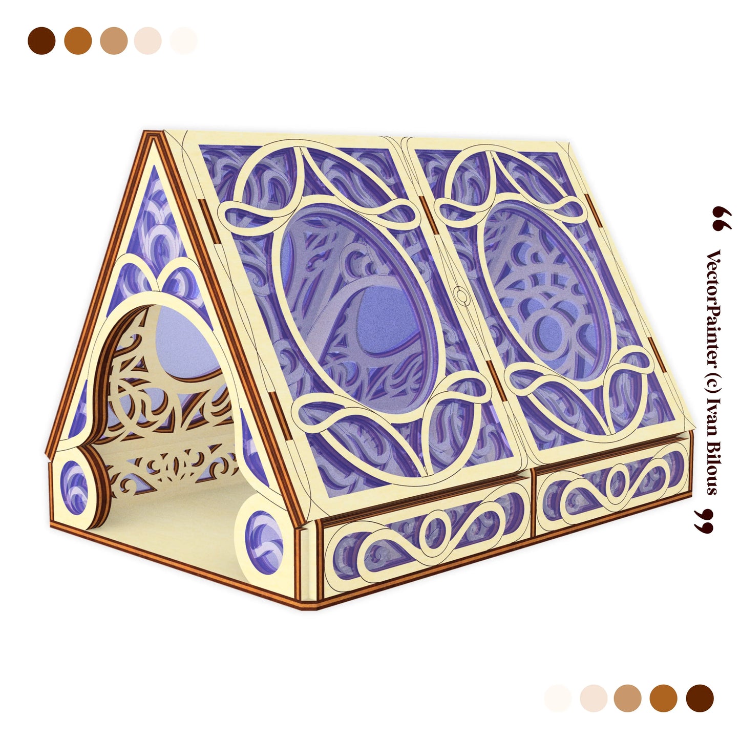 Decorative laser cut box with purple and gold design on a white background