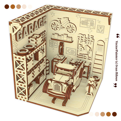 3D model of a garage with various items on shelves and a car on a white background.