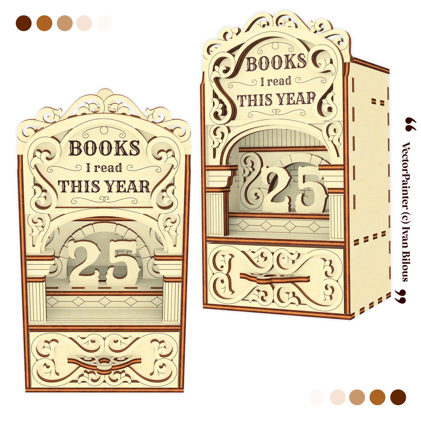 Laser cut book nook digital design showing front and angled views of a wooden Books I Read This Year bookshelf insert.
