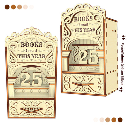 Laser cut book nook digital design showing front and angled views of a wooden Books I Read This Year bookshelf insert.