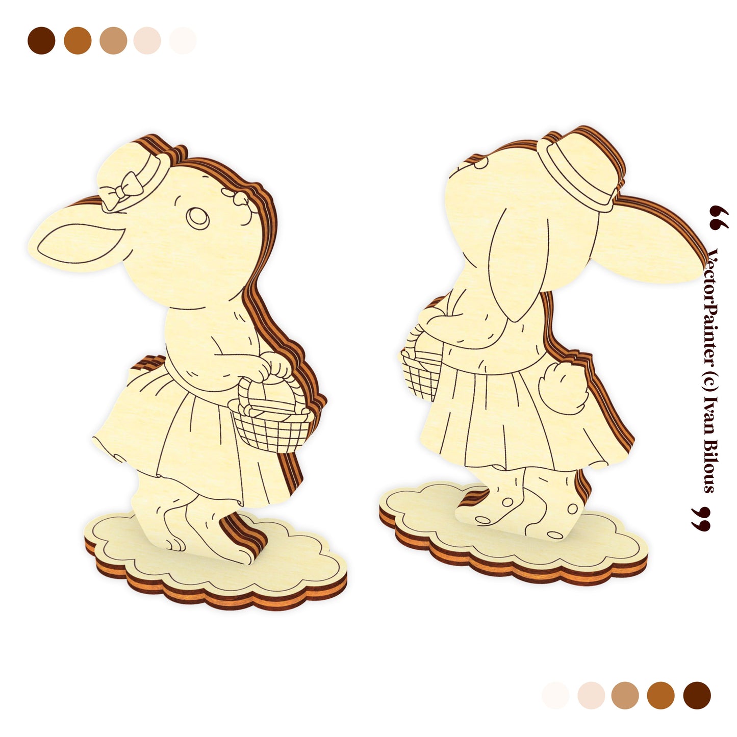 Illustration of a rabbit character in a dress with a basket, shown from two angles.