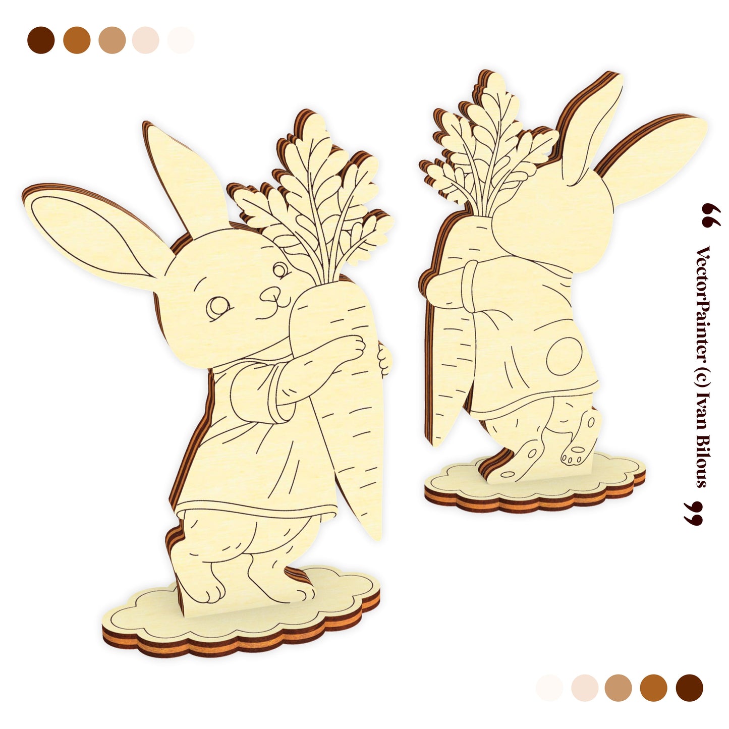 Wooden rabbit cutout with a carrot and additional rabbit cutout on a white background.