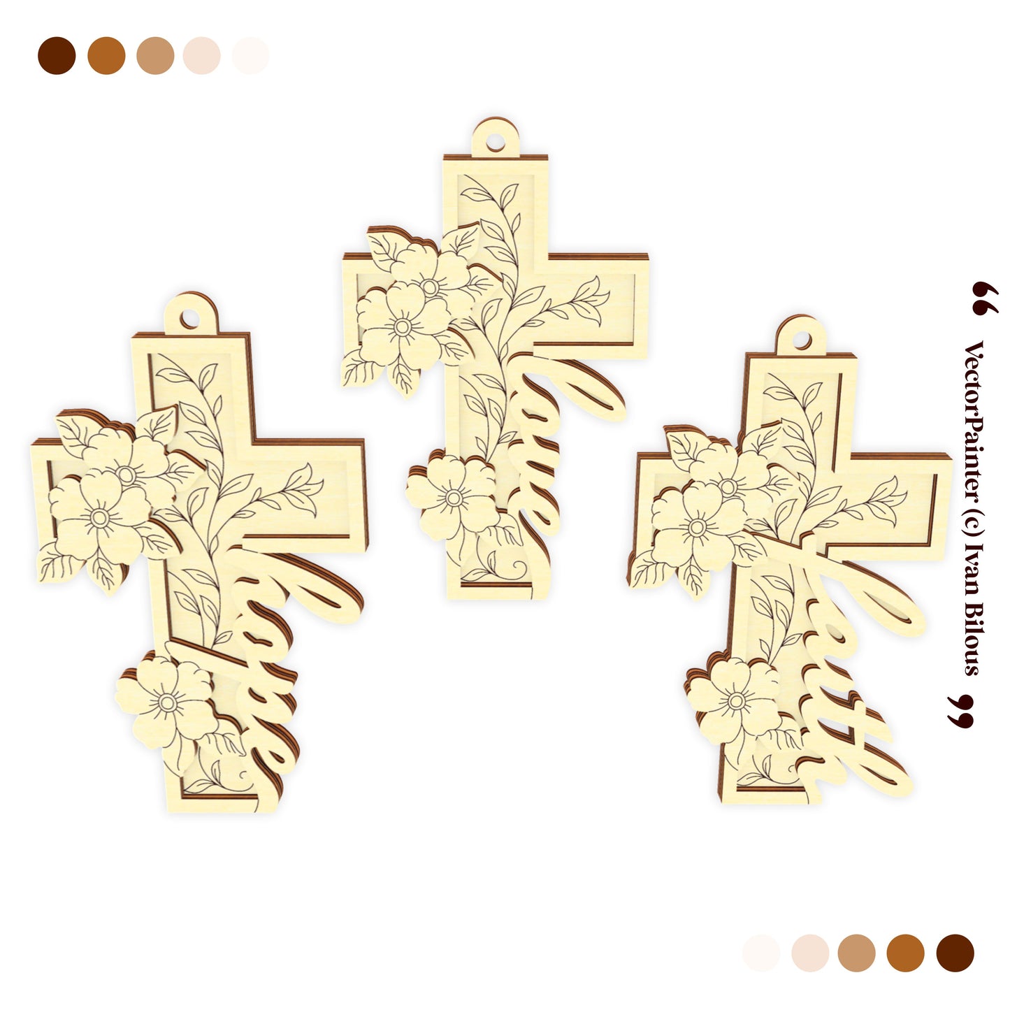 Three decorative laser cut cross designs with floral patterns on a white background