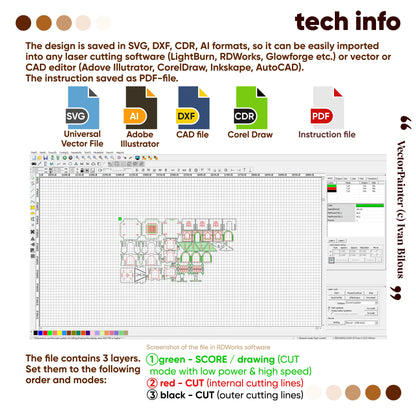 Technical info layout showing various vector file formats and RDWorks software interface for a laser cut plywood tower.