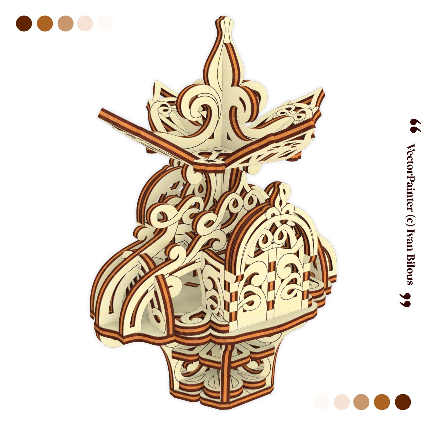 Wooden laser cut 3D puzzle with intricate design on a white background