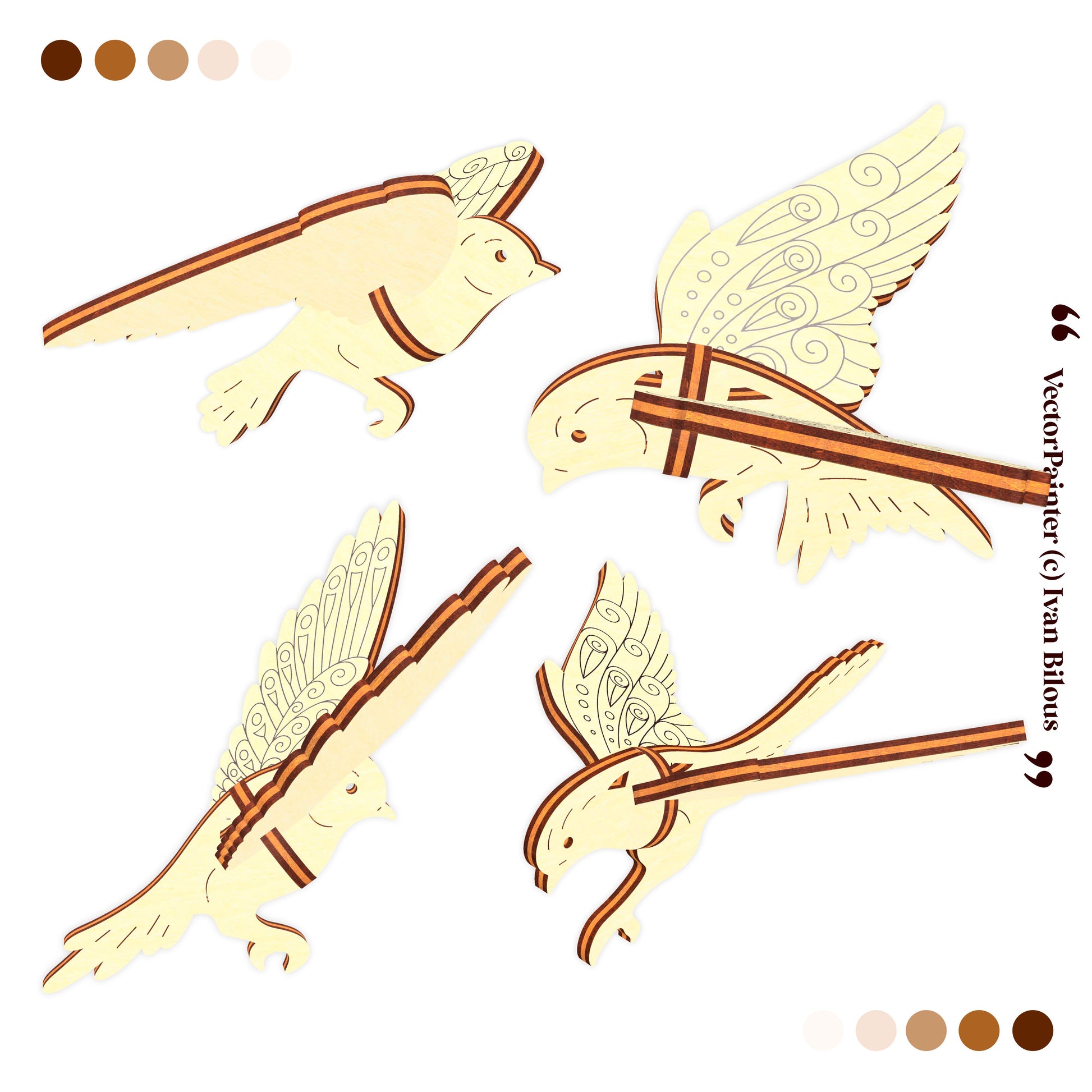 Four stylized birds with decorative patterns on a white background, featuring color swatches and branding.