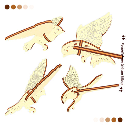 Four stylized birds with decorative patterns on a white background, featuring color swatches and branding.