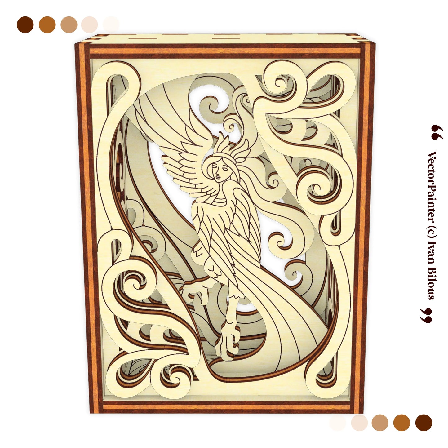 Decorative harpy box with intricate design featuring a woman and bird, resembling a tarot card.
