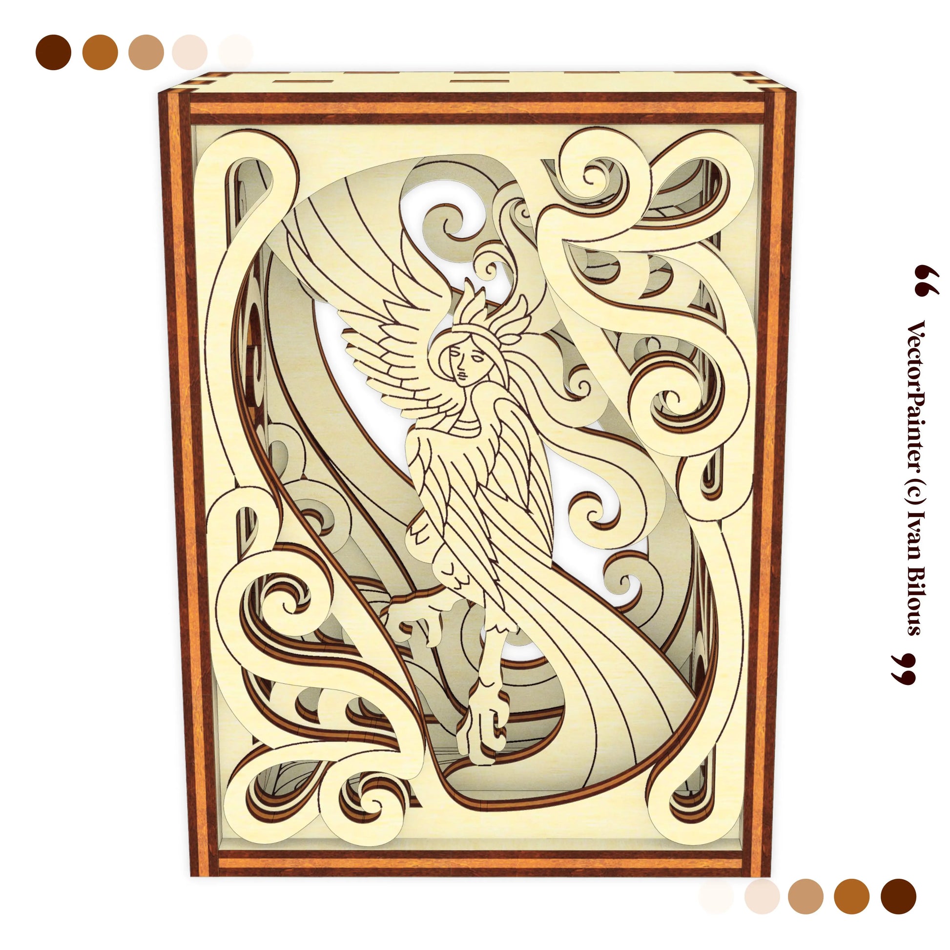 Decorative harpy box with intricate design featuring a woman and bird, resembling a tarot card.