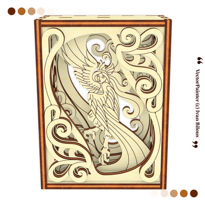 Decorative harpy box with intricate design featuring a woman and bird, resembling a tarot card.