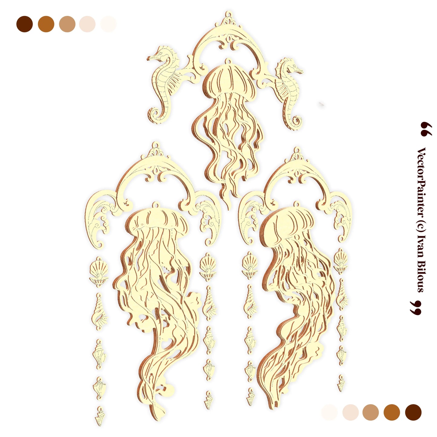 Gold jellyfish-shaped laser cut wall art design on a white background with color swatches.