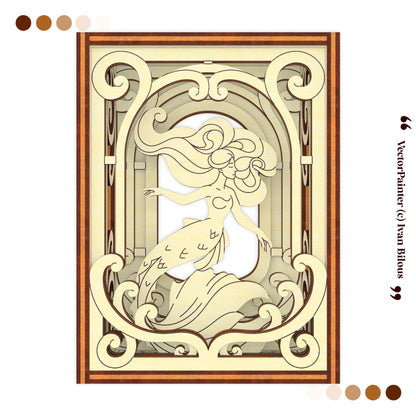 Decorative design of a mermaid in an ornate frame with 'Vector Painter' branding.