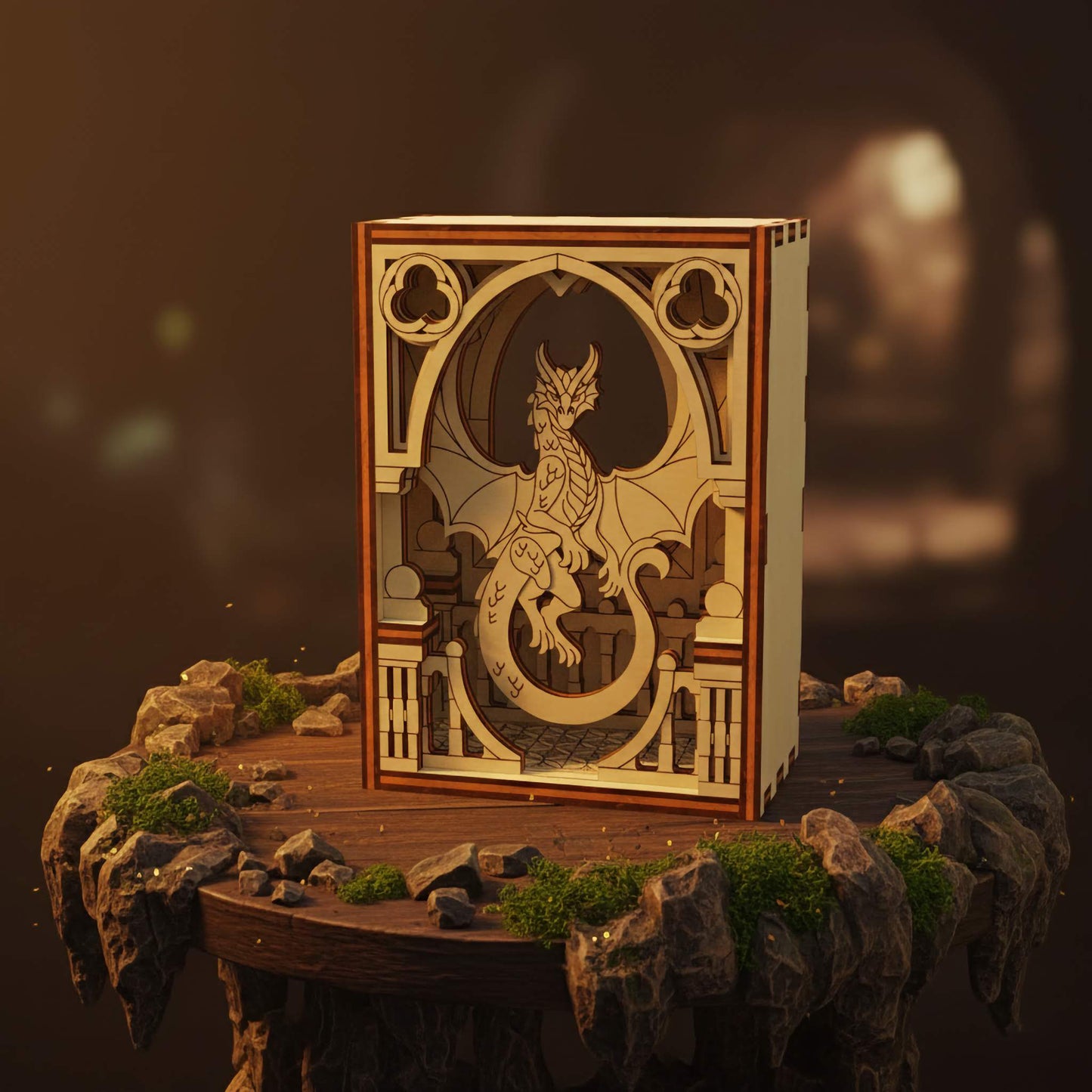 Wooden dragon laser cut diorama on a rocky platform with a dark background