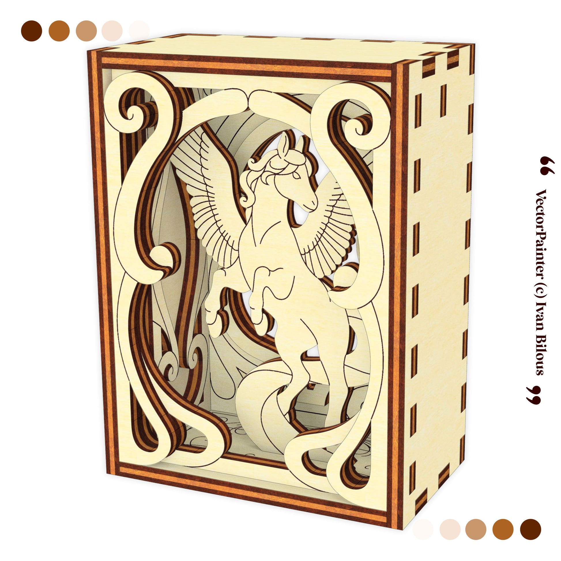 Decorative box with a winged horse design on a white background