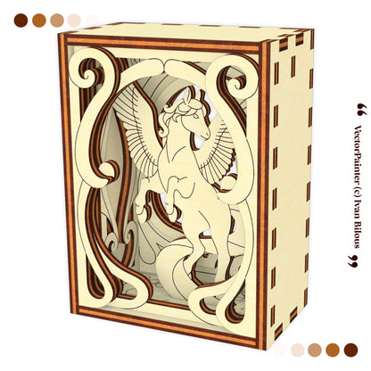 Decorative box with a winged horse design on a white background