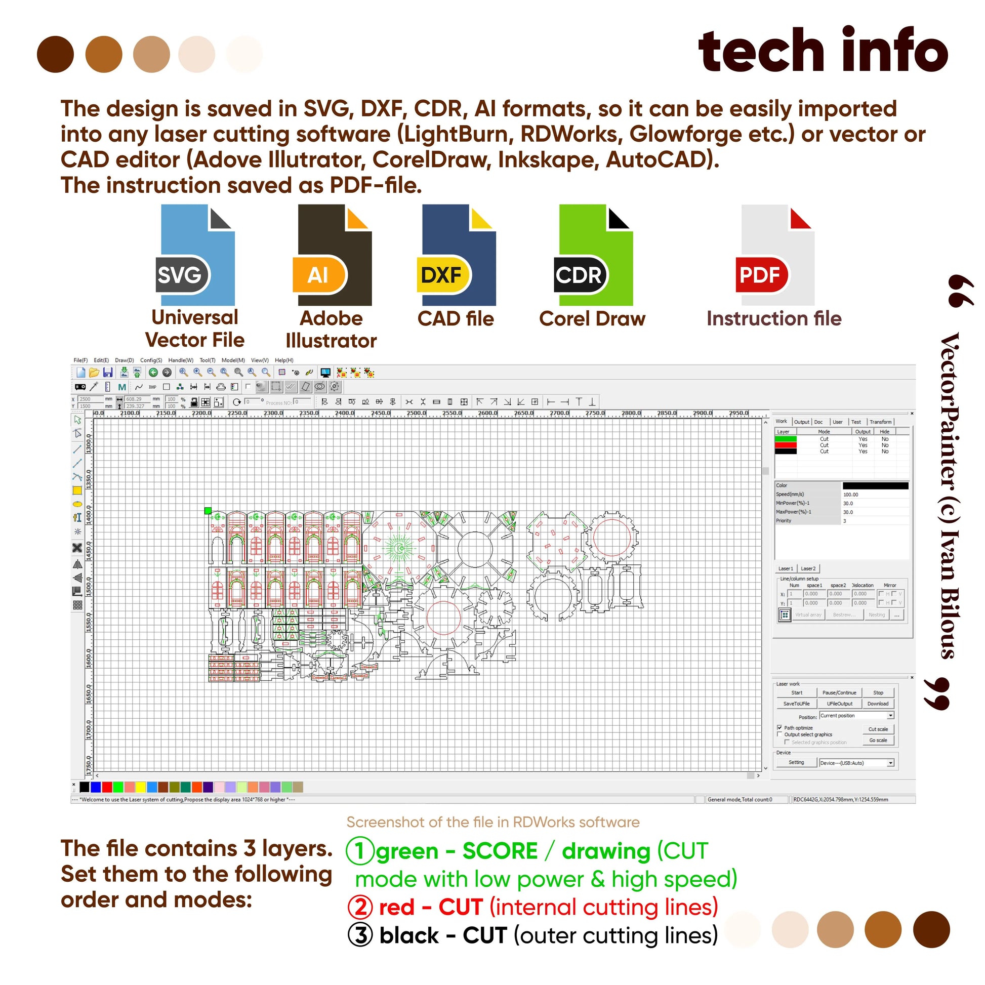 Tech info infographic for Moon Fairy House laser cut plywood templates in SVG, DXF, AI, CDR formats with a layer guide.