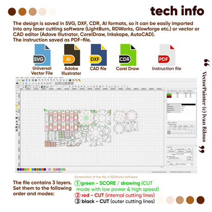 Tech info infographic for Moon Fairy House laser cut plywood templates in SVG, DXF, AI, CDR formats with a layer guide.