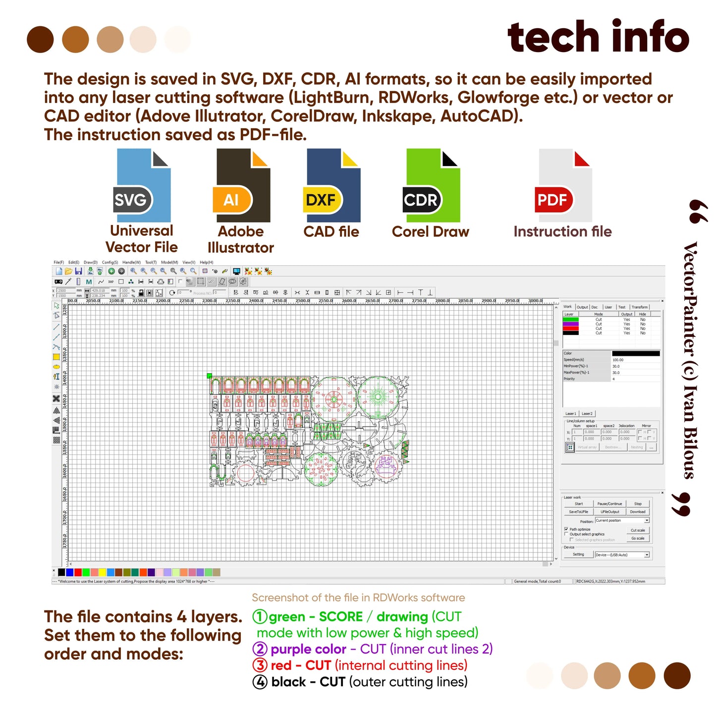 Technical design software interface with file format icons and color swatches.