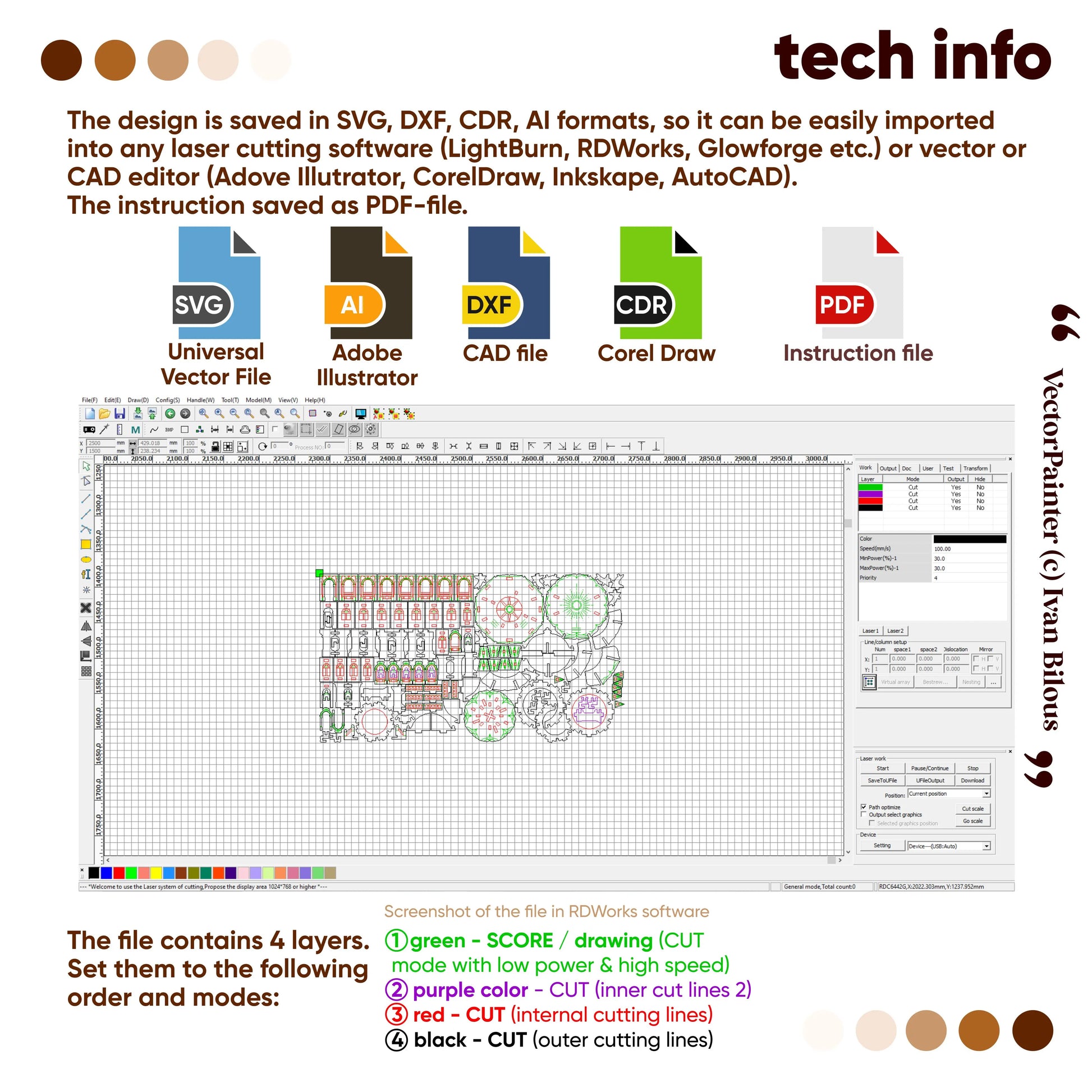Technical design software interface with file format icons and color swatches.