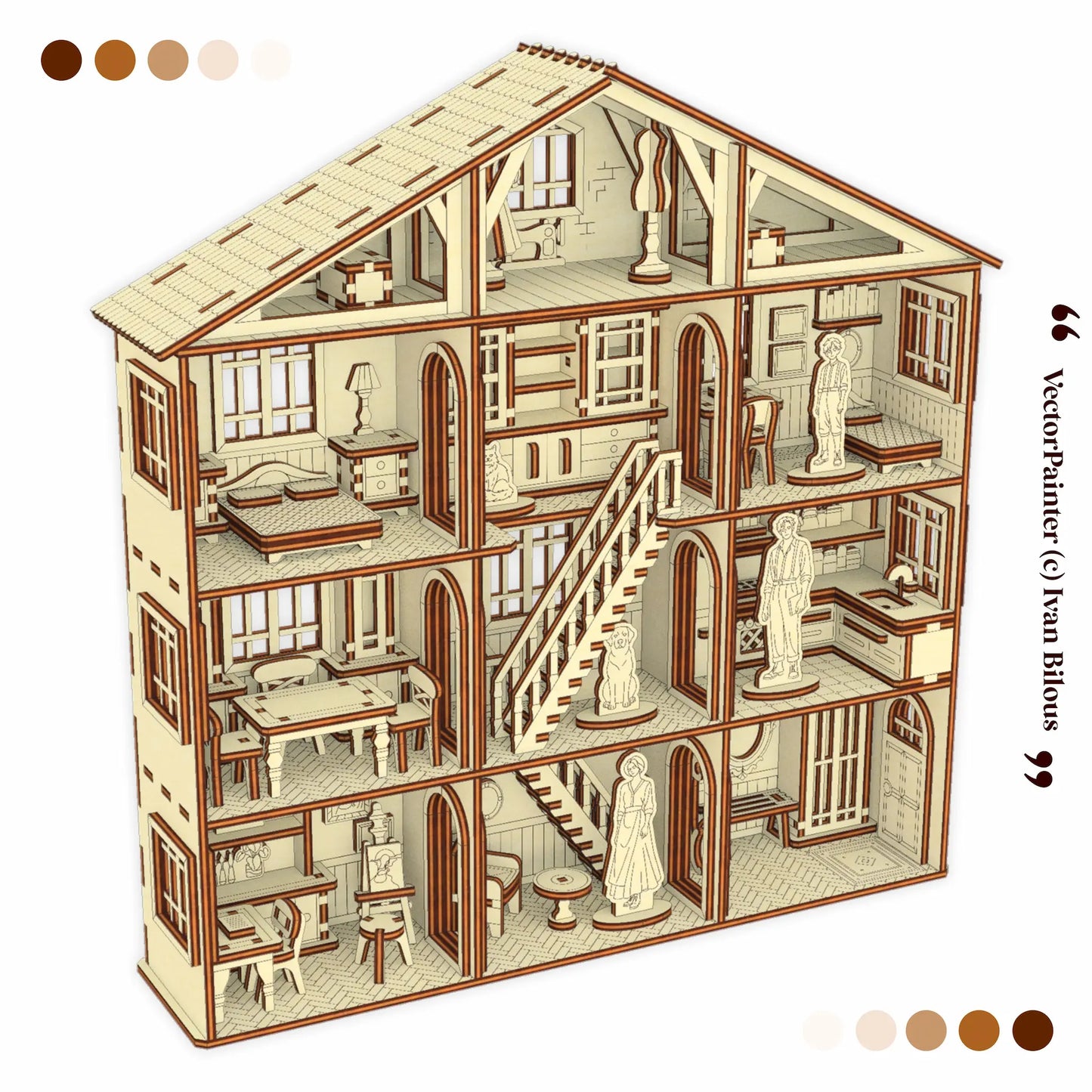 Detailed illustration of a dollhouse with interior rooms and furniture.
