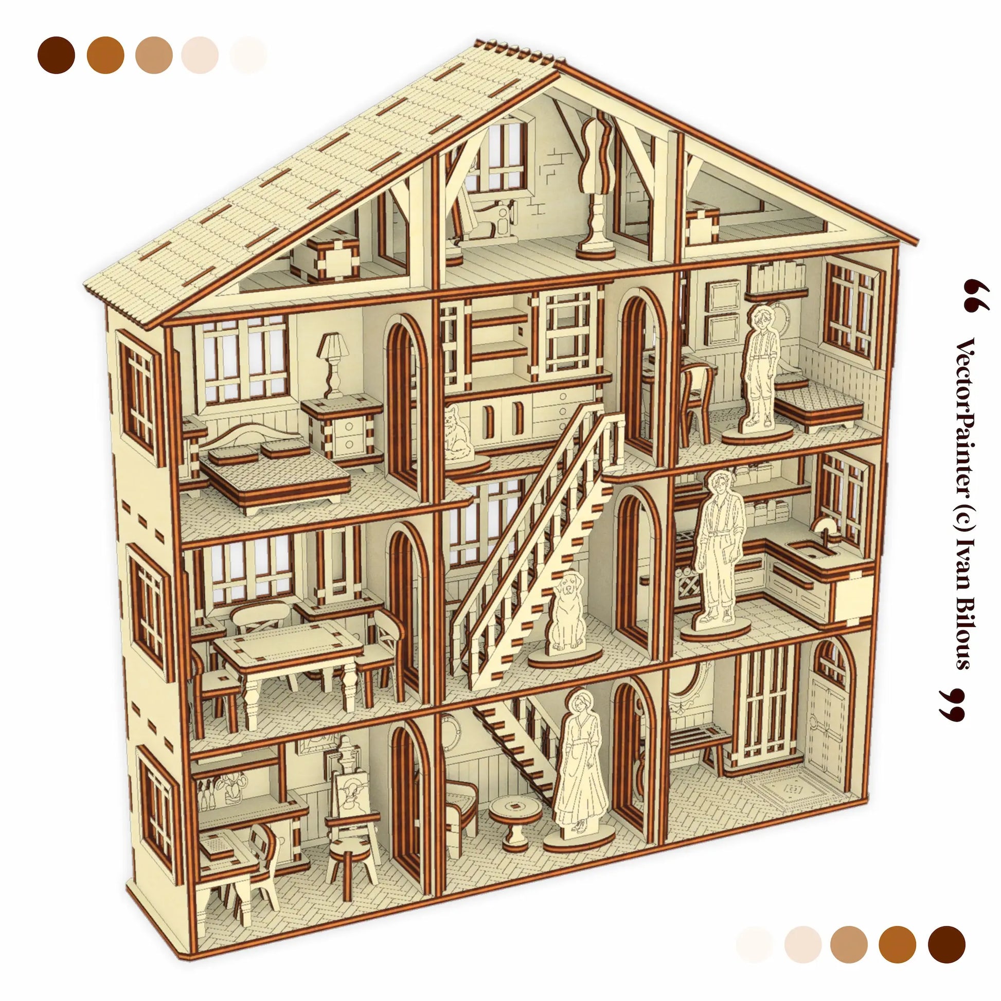 Detailed illustration of a dollhouse with interior rooms and furniture.