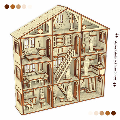 Detailed illustration of a dollhouse with interior rooms and furniture.