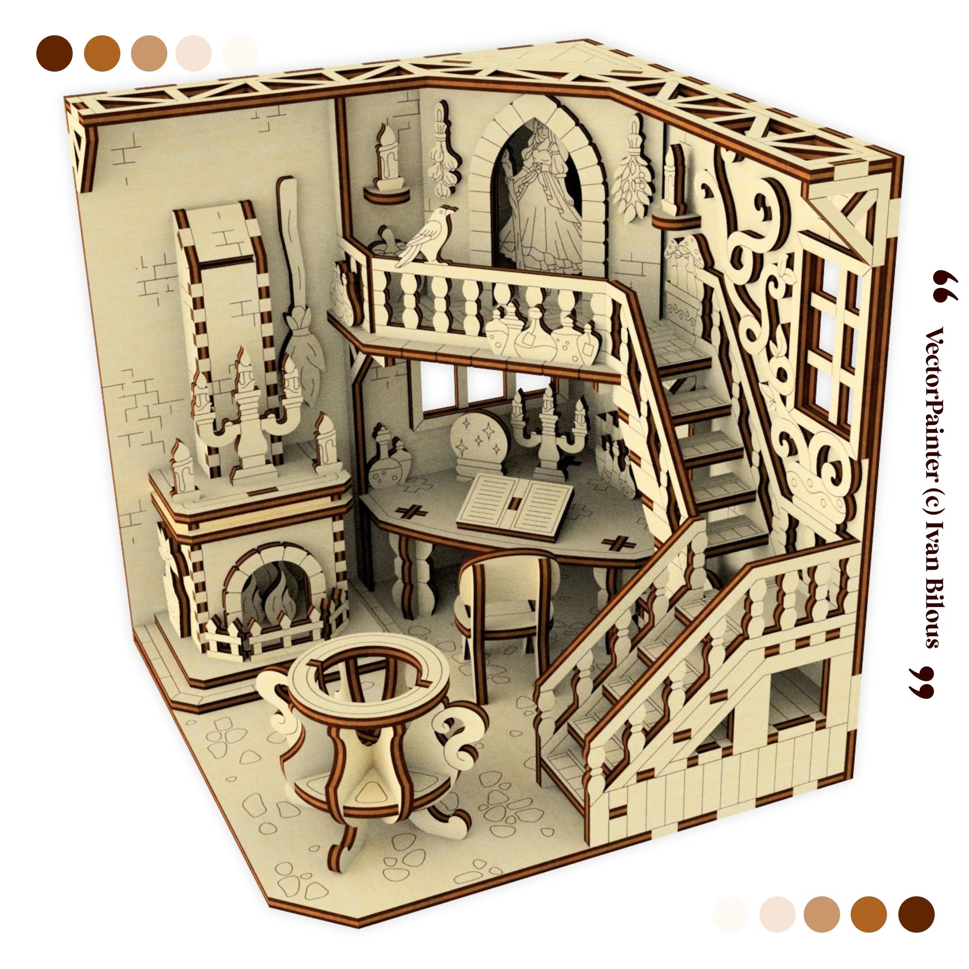 Detailed wooden laser cut model of a house with rooms and furniture, featuring intricate designs.