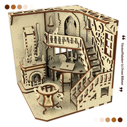 Detailed wooden laser cut model of a house with rooms and furniture, featuring intricate designs.