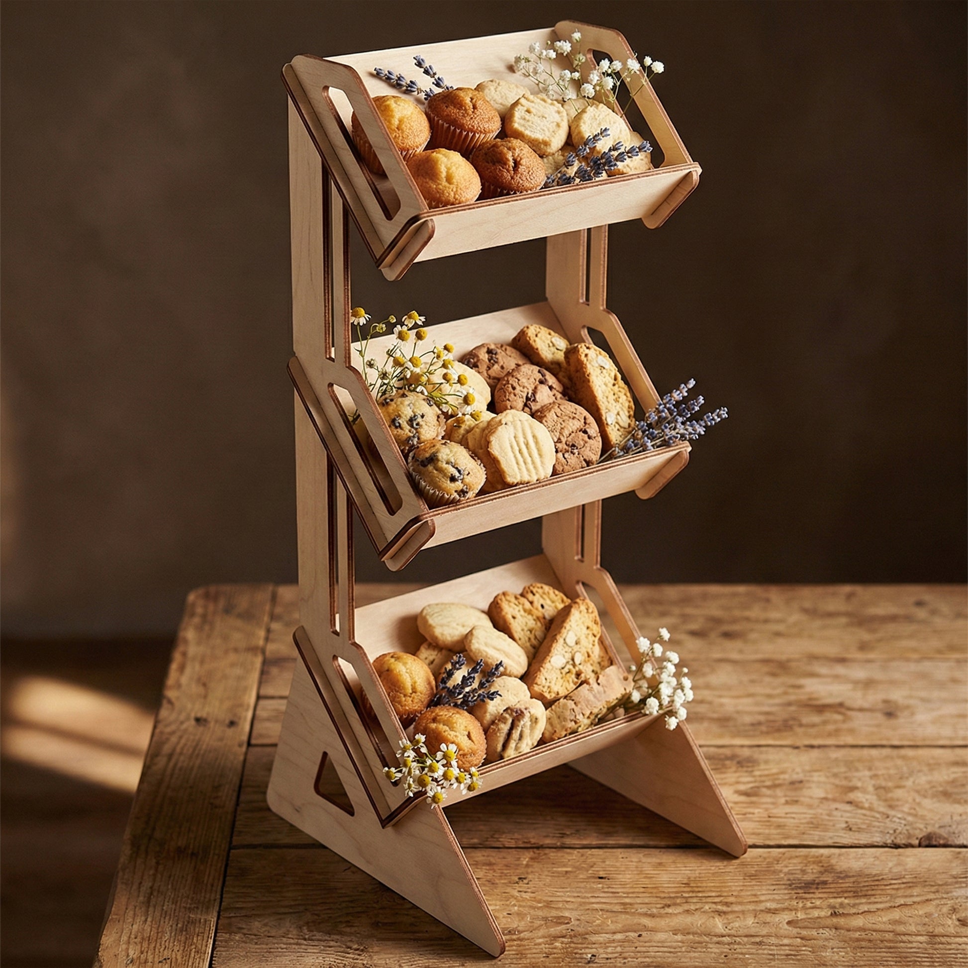 Three-tiered laser cut wooden plywood  display stand used as a bakery riser on a rustic wooden table. The slanted birch plywood bins are filled with muffins, cookies, and sprigs of lavender. This sturdy, professional countertop organizer is ideal for cafes, craft fairs, or kitchen storage