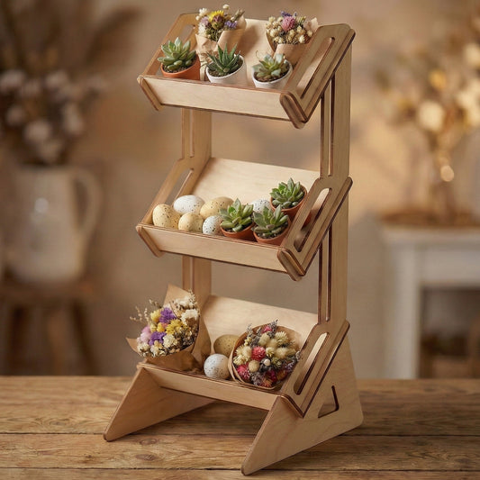 Vertical 3-tier laser cut plywood display rack holding small succulents, dried flower bouquets, and decorative Easter eggs. The stand features a stable interlocking design and slanted shelves for maximum visibility. Perfect as a floral boutique display or a seasonal home decor organizer