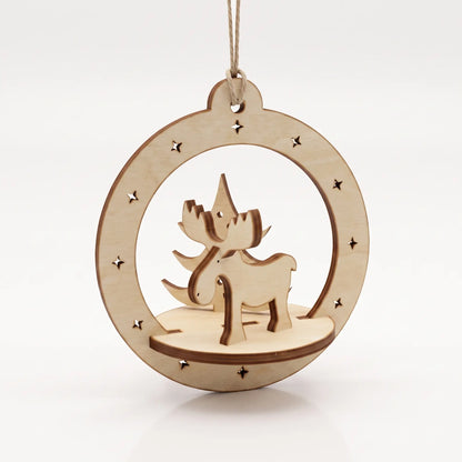 Front view of assembled 3D laser cut plywood circular ornament with slotted deer figure on white textured base