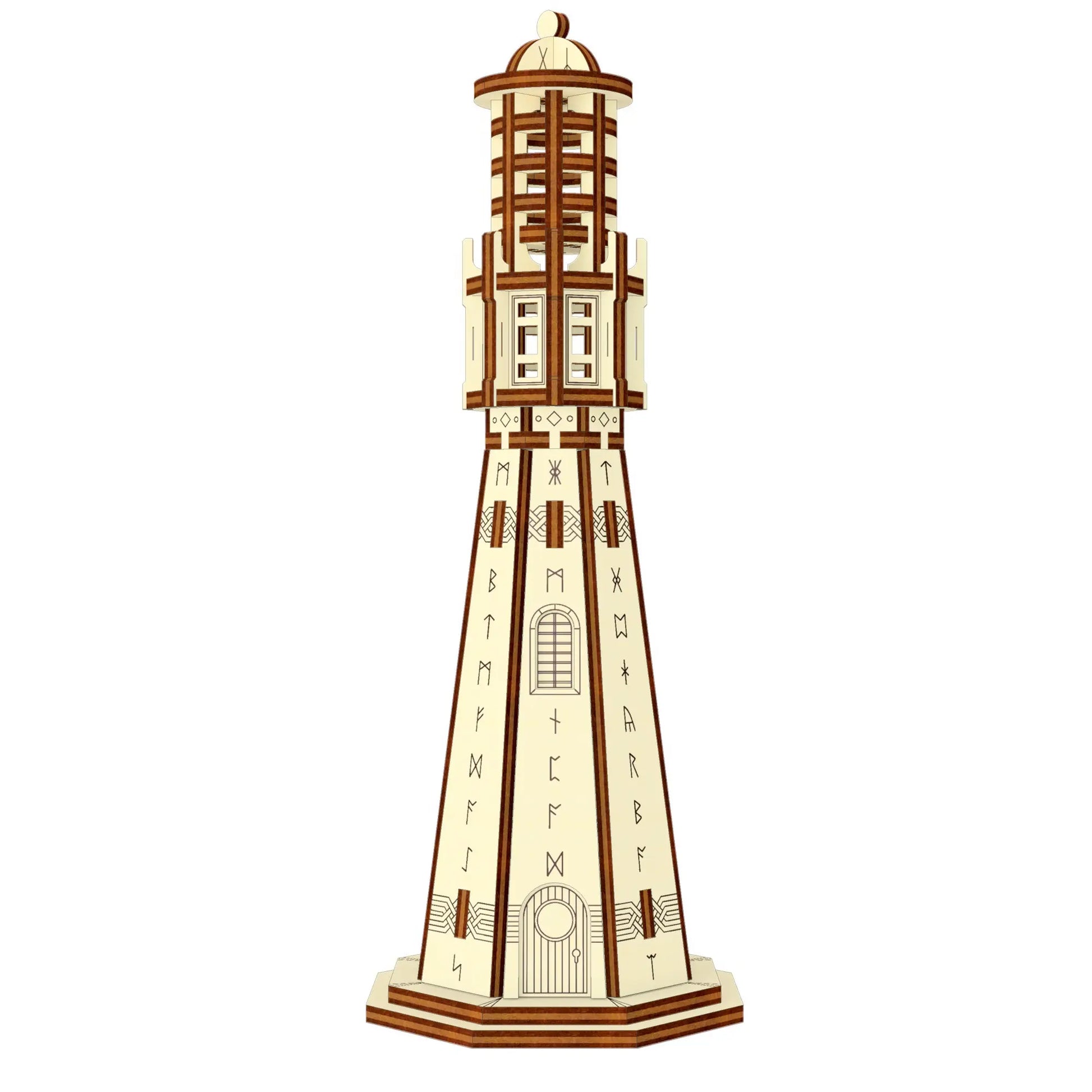 Graphic illustration of an assembled runic lighthouse tower made with modular laser cut plywood boards.