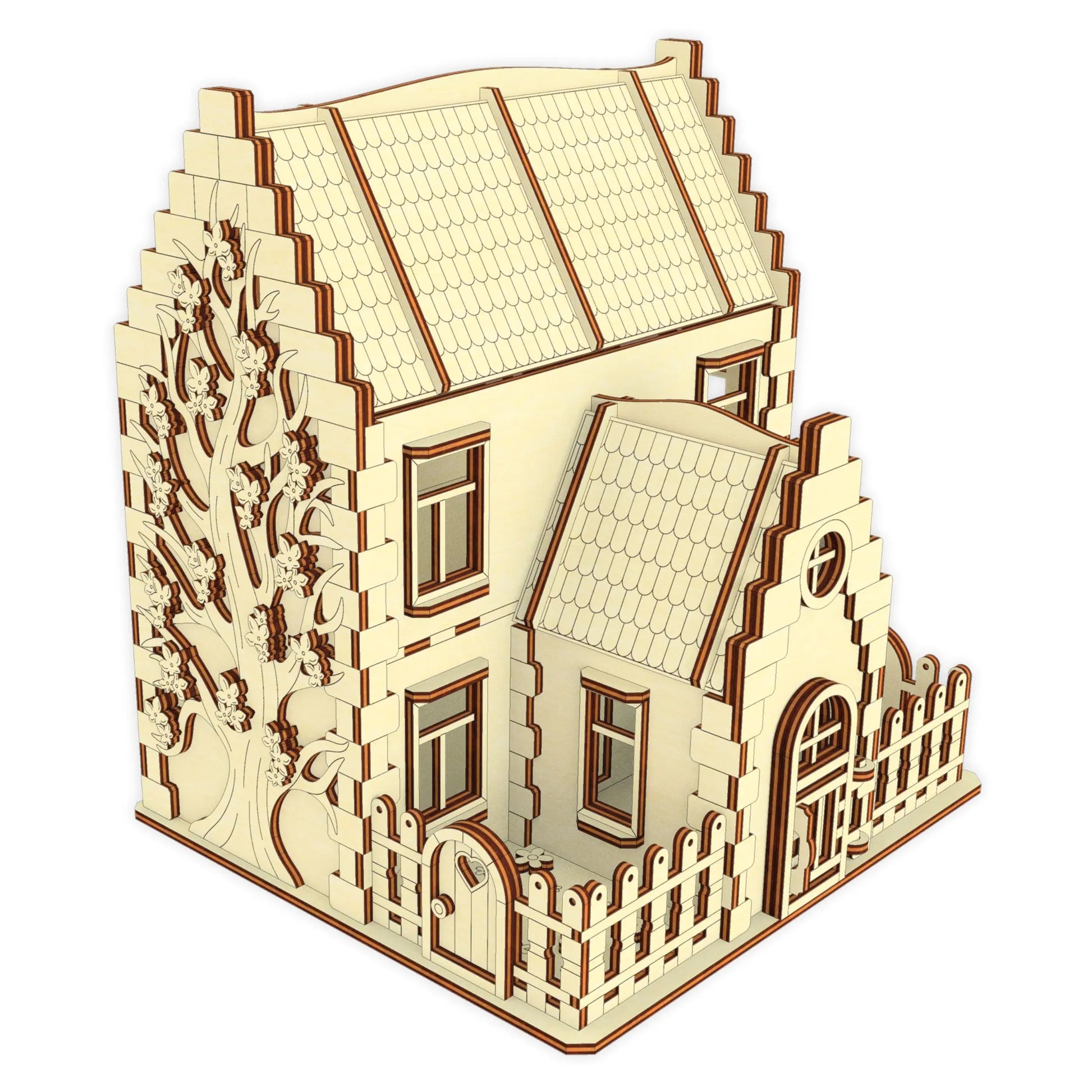 3D graphic of a laser cut plywood family house with a small extension, fenced yard, and an engraved tree on a white background.