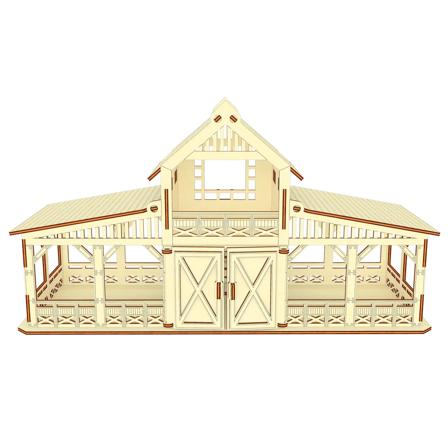 Straight front view graphic of a symmetric toy wooden horse barn house made using clean laser cut plywood plans.