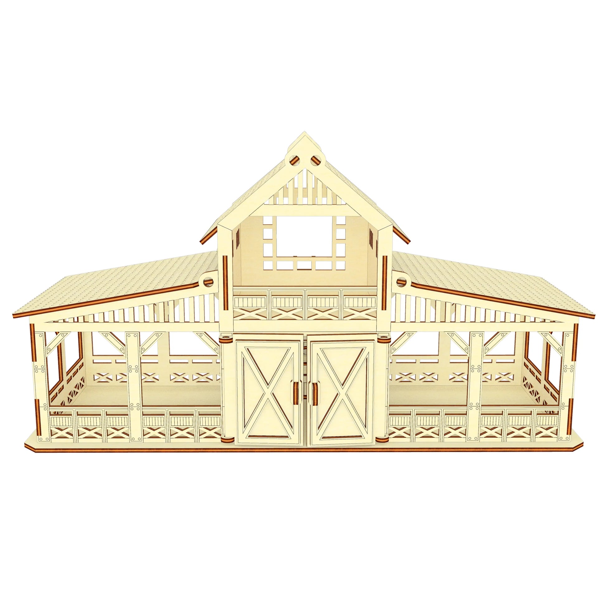 Straight front view graphic of a symmetric toy wooden horse barn house made using clean laser cut plywood plans.