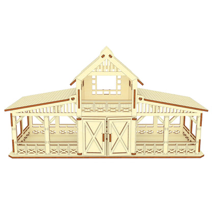 Straight front view graphic of a symmetric toy wooden horse barn house made using clean laser cut plywood plans.