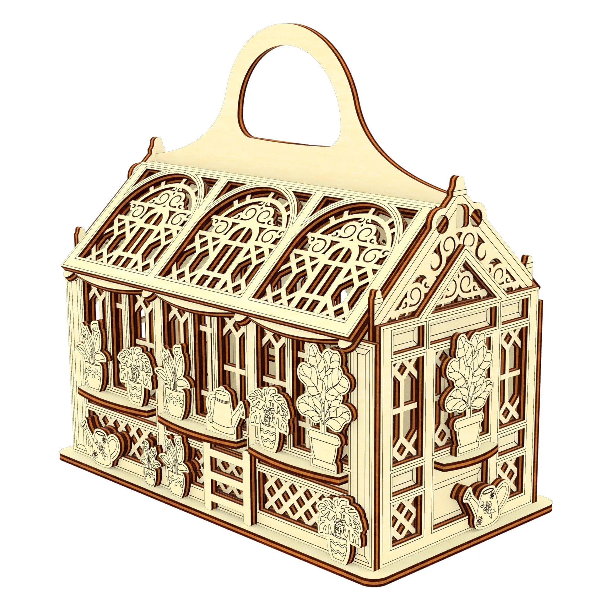 Side isometric view 3D render of a laser cut plywood greenhouse casket featuring detailed windows and a top handle.